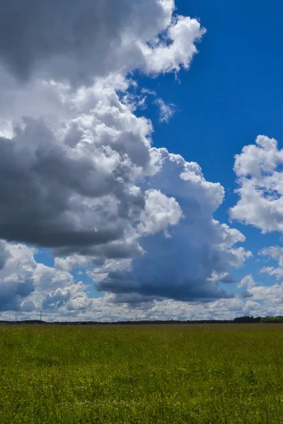 Campo verde y cielo con nubes. Viaje de verano en la naturaleza —  Fotos de Stock