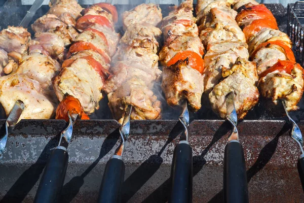 Grilovaný kebab na kovové špíze. Pečené maso vařené při grilování. Tradiční východní pokrm, šš kebab. Gril na dřevěné uhlí a plamen, piknik — Stock fotografie