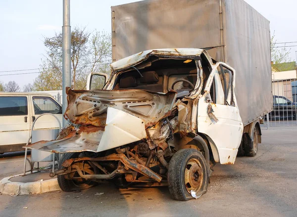 Cargo van broken in a road accident. Russia. Frontal collision