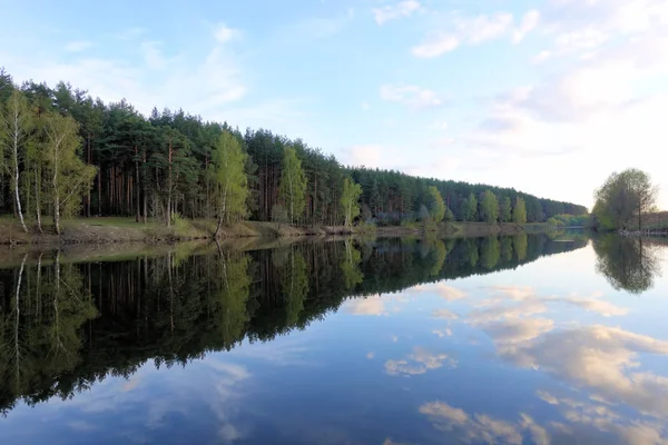 Wunderschöner Sonnenuntergang am Waldsee. Wolken spiegeln sich im Wasser. — Stockfoto