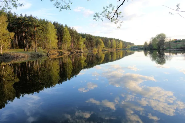 Wunderschöner Sonnenuntergang am Waldsee. Wolken spiegeln sich im Wasser. — Stockfoto