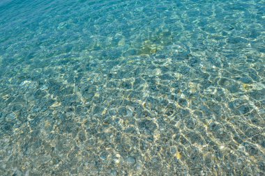 Turkuaz mavisi berrak su altında güzel renkli çakıl ve büyük taş, doğal deniz arka plan veya doku, üst görünümü