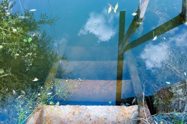 Güneşin suya yansıdığı bir göle giden ahşap korkuluklu demir bir merdiven