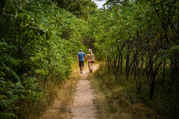 Çift - bir adam ve bir kadın orman yolunda yürüyorlar