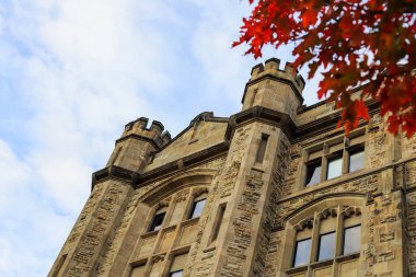 Eski şato önü ve kırmızı sonbahar akçaağaç yaprakları