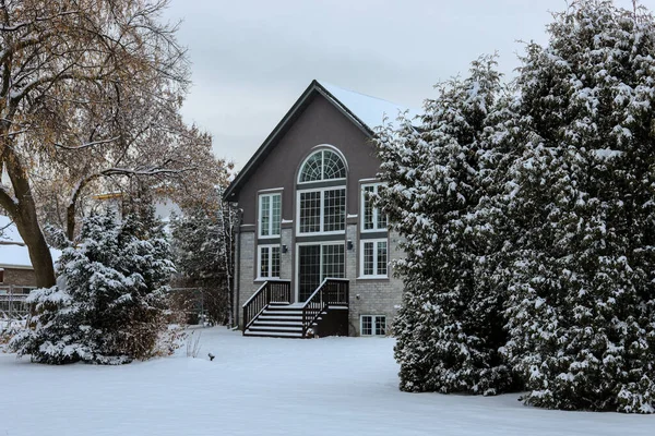 Ormandaki kışlık ev. Noel zamanı. Kar yağışıweather condition