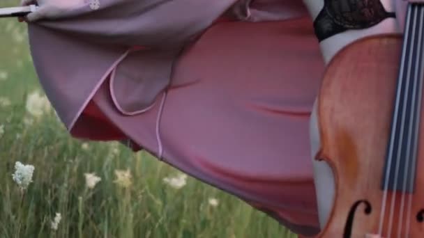 Kvinna Cellist Uppknäppt Kappa Spelar Cello Blommande Äng Vinden Skymningen — Stockvideo