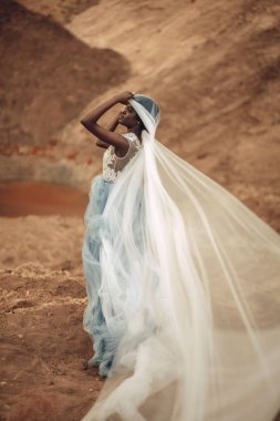 Uzun Gelinlik ve gelin peçe siyah mutlu gelin güzel manzara arka plan üzerinde duruyor. Yan görünüm.