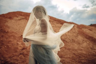 Güzel manzara ve bulutlu gökyüzü arka plan üzerinde siyah mutlu gelin gelinlik ve gelin peçe duruyor. Yan görünüm.