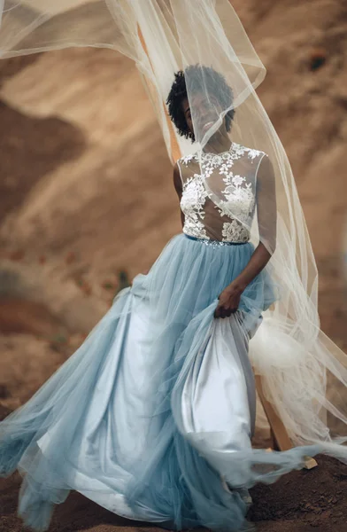 Black smiling bride in long wedding dress and bridal veil stands on background of beautiful landscape.