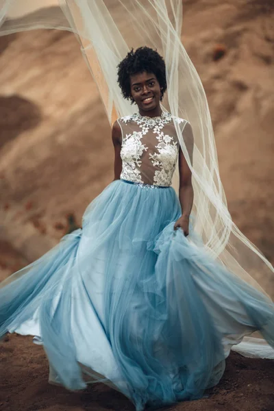 Black smiling bride in long wedding dress and bridal veil stands on background of beautiful landscape.