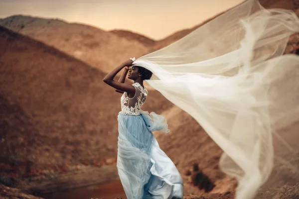 Black smiling bride in long wedding dress stands and holds waving bridal veil in her hands on background of beautiful landscape at sunset. Side view.