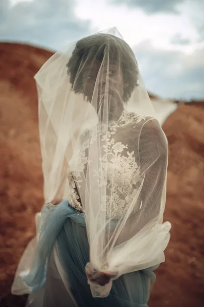 Mariée Noire Robe Mariée Voile Nuptial Dresse Sur Fond Beau — Photo