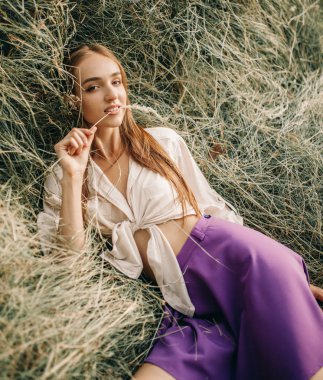 Genç gülümseyen kadın gömlek ve mini etek haystack üzerinde yatıyor. Üstten görünüm. Portre.