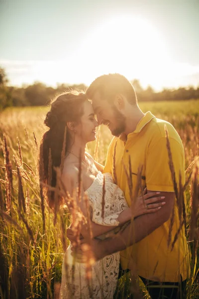 Mladá Zamilovaně Pár Úsměvů Objetí Louce Pozadí Trávy Hroty Podsvícení — Stock fotografie