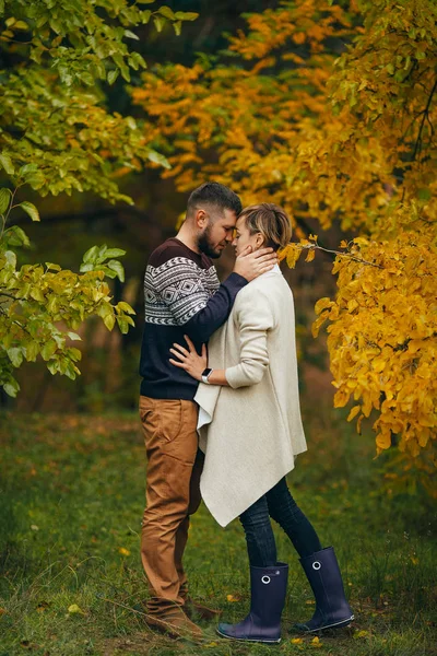 Mladý Pár Stánků Objetí Během Procházky Podzimním Lese — Stock fotografie