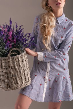 Mavi elbiseli genç model gri arka plan üzerinde onun elinde çiçek sepeti ile poz. Portre.