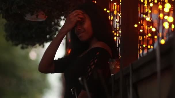 Young Happy Woman Stands Next Shop Window Smiles Sends Air — Stock Video