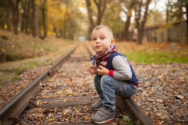 Kleine jongen zit op rails op spoorweg in herfst bos. — Stockfoto