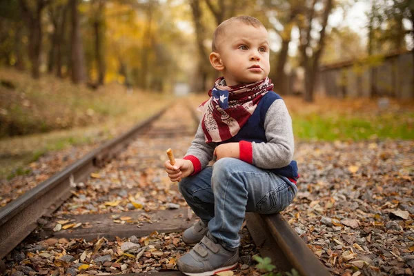 Niño se sienta sobre rieles en el ferrocarril en el bosque de otoño . —  Fotos de Stock