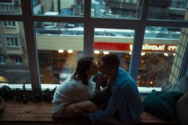 Couple Love Sit Hug Sill Next Window Background Lights Evening — Stock Photo, Image