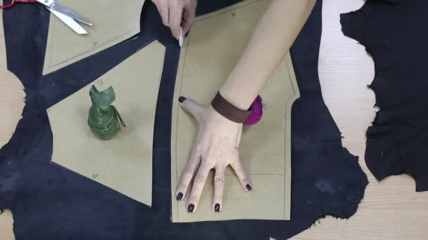 Female Hands Draws Outline Paper Pattern Clothes Fabric Chalk Top — Stock Video