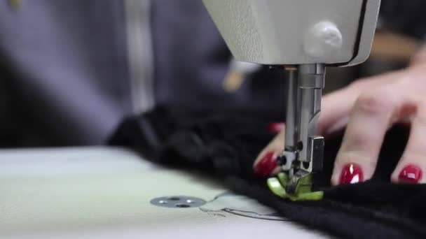 Seamstress Sews Electric Sewing Machine Closeup — Stock Video