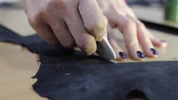 Female Hands Draws Outline Paper Pattern Clothes Fabric Chalk — Αρχείο Βίντεο