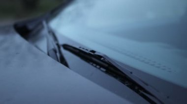 Genç bir kadın akşamları bir araba direksiyon başında oturuyor. Ön camdan görüntülemek.