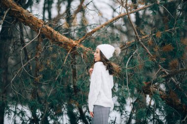 Genç kadın yanındaki çam ağacının gövde düşmüş kış ormanda yürüyüş sırasında duruyor. Yan görünüm.