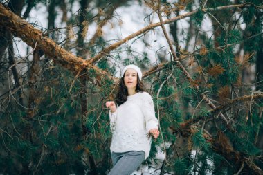 Genç kadın yanındaki çam ağacının gövde düşmüş kış ormanda yürüyüş sırasında duruyor.