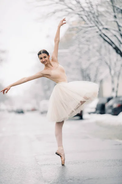 Hermosa Bailarina Falda Transparente Está Bailando Medio Calle Nevada —  Fotos de Stock