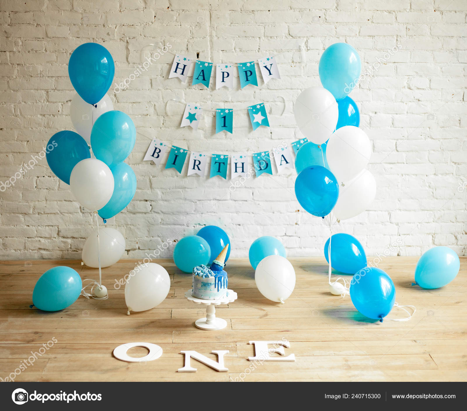 Decorations One Year Birthday Lot Blue White Balloons Festive Cake