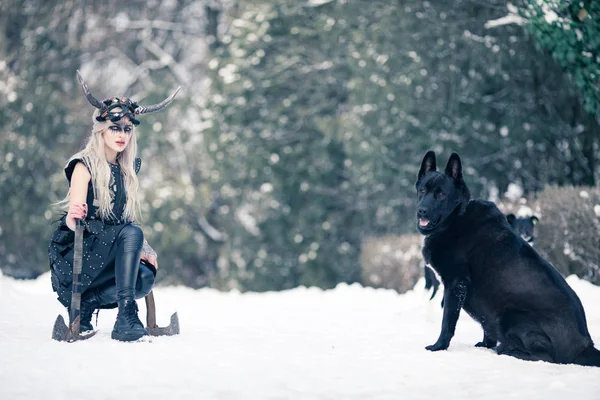 Güzel Savaşçı Kadını Imajıyla Viking Balta Büyük Siyah Köpek Kış — Stok fotoğraf