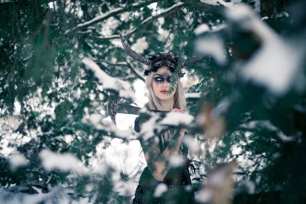 Bella Donna Guerriera Immagine Vichingo Con Casco Cornuto Sulla Testa — Foto Stock