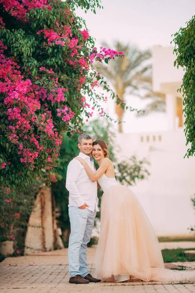 Felices Recién Casados Caminan Entre Árboles Florecientes Flores Durante Luna — Foto de Stock