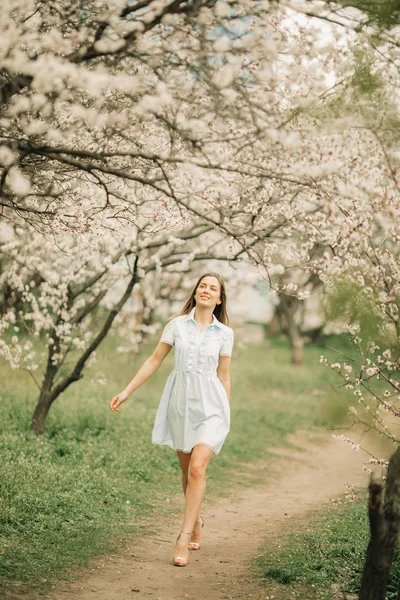 Genç bir kadın çiçek açan Bahçe arasında yürüyor..