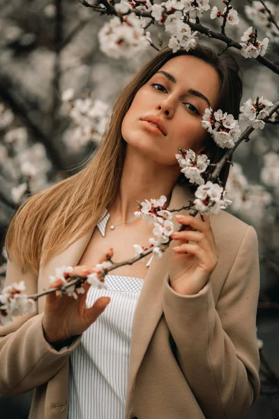 Retrato de mulher jovem entre árvores de damasco florescentes . — Fotografia de Stock