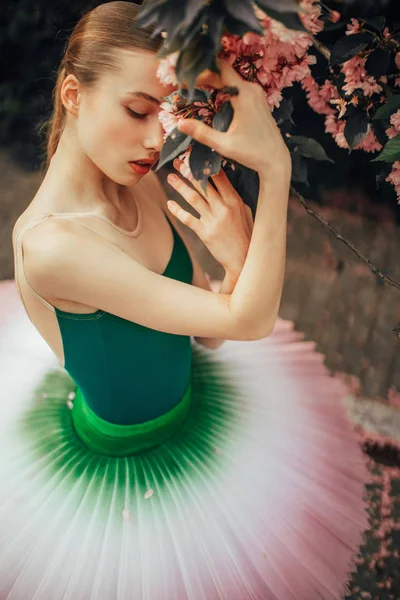 Ballerina steht und genießt neben blühenden Zweigen von s — Stockfoto