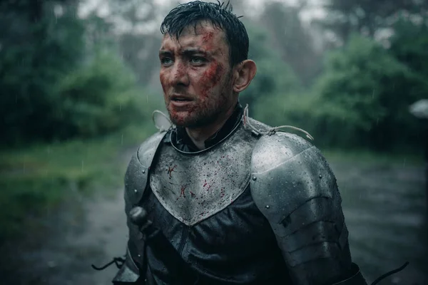 Portré fiatal férfi a kép egy középkori lovag, vér és sebek az arcán. — Stock Fotó