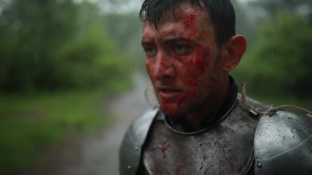 Портрет Молодого Человека Образе Средневекового Рыцаря Доспехах Кровью Ранами Лице — стоковое видео