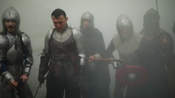 Haçlılar Ortaçağ Şövalyeleri Savaş Ekibi Zırhları Kask Ormanda Duman Arka — Stok video