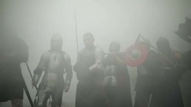 十字军中世纪骑士的战斗队用他们的剑和盾牌站在盔甲上 跑到攻击在烟的背景下在森林 — 图库视频影像