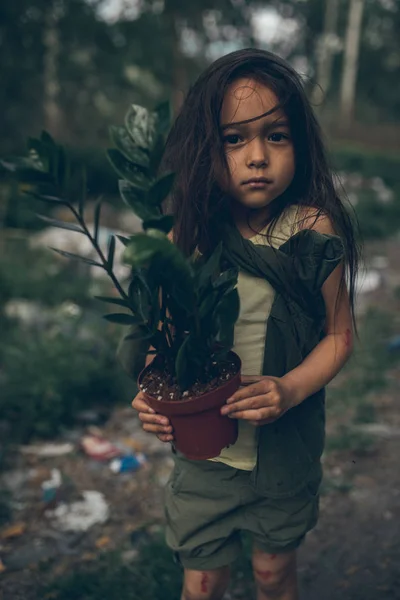 Una chica sin hogar está de pie en un basurero con una planta de interior en una olla . —  Fotos de Stock