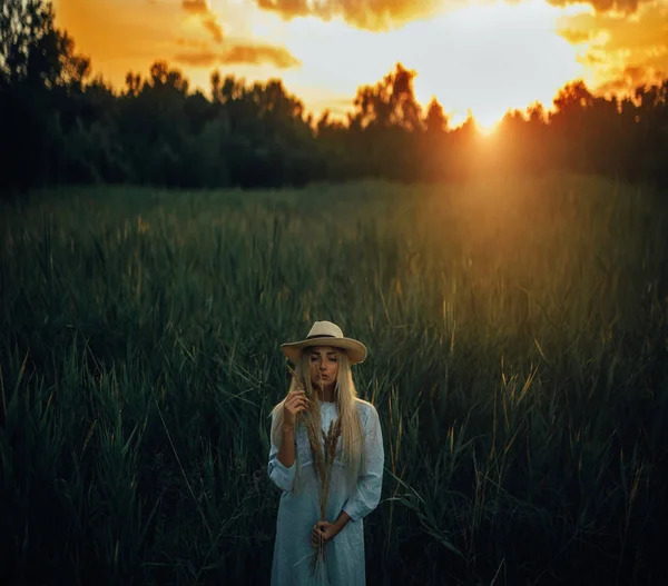 Jovem mulher fica no prado ao pôr do sol . — Fotografia de Stock