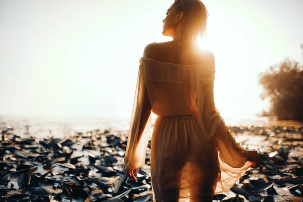 Giovane donna in un abito trasparente in piedi tra le ninfee — Foto Stock