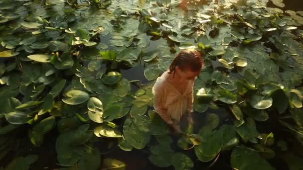 Młoda Kobieta Przezroczystej Sukni Kąci Się Jeziorze Wśród Liści Żółtej — Wideo stockowe