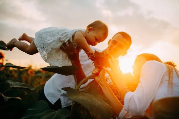 Famiglia felice con bambino si diverte e gioca nel campo di girasole . — Foto Stock