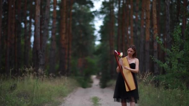 Kobieta Harpist Spacery Leśnej Drodze Gra Harfę Pięknej Sukni Tle — Wideo stockowe