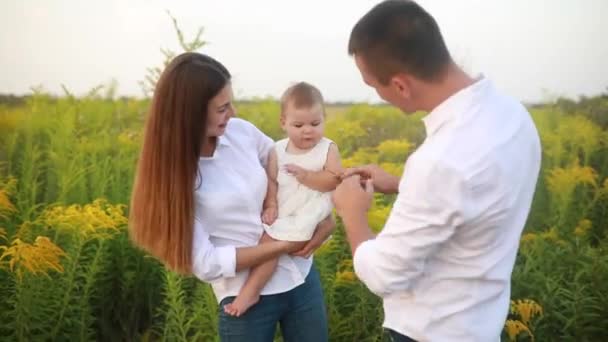 Joyeux Jeune Famille Jouant Avec Bébé Parmi Les Fleurs Prairie — Video